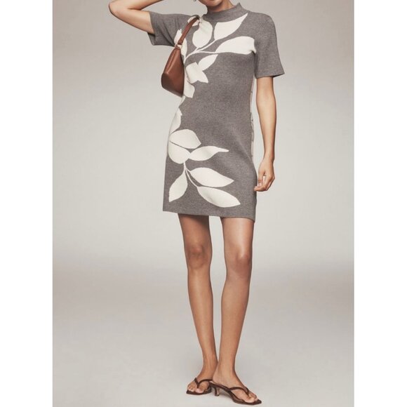 Anthropologie The Nina Short Sleeve Mock Neck Mod Mini Dress Sz XS Grey Floral - Picture 3 of 8